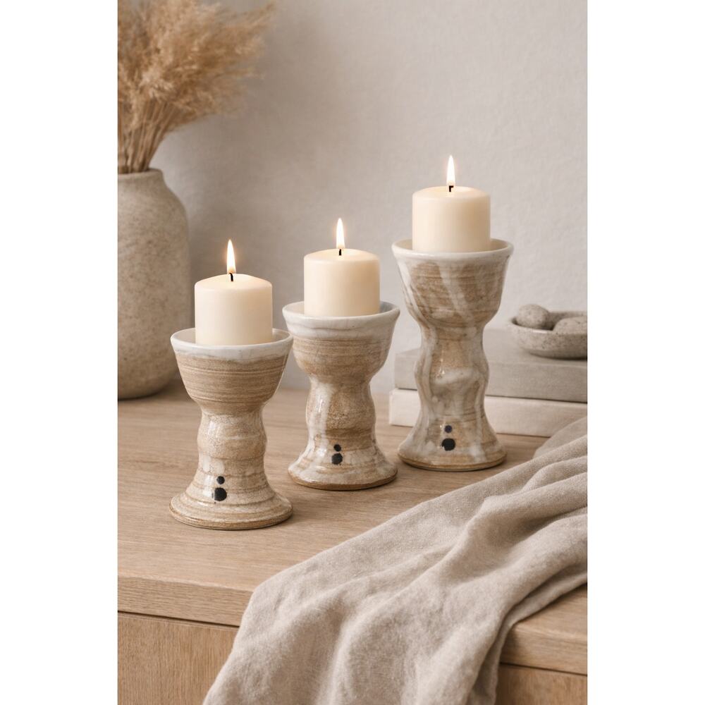 Vintage Studio Pottery Candle Holders Signed Rock Pottery Drip Glaze Set of 3